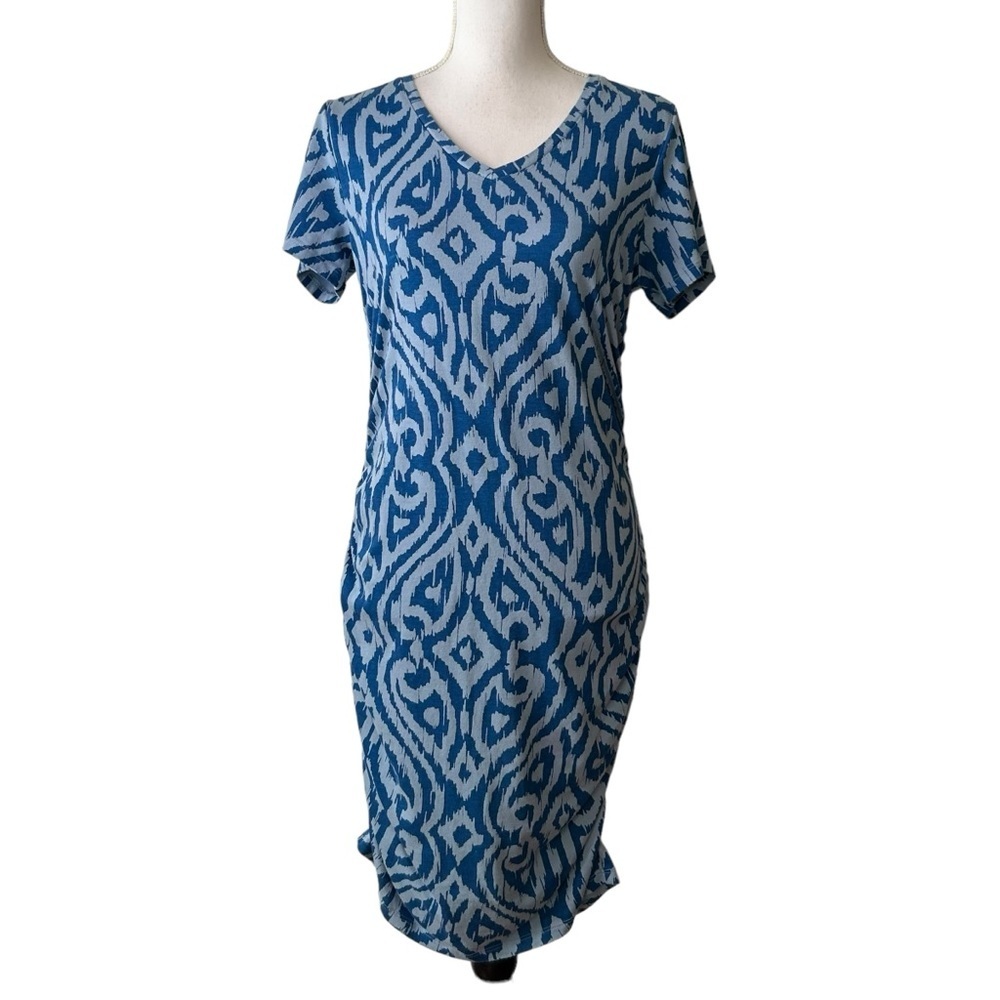 Morgan Taylor Short Sleeve Ruched Casual‎ Jersey Knit Dress Small Blue Coastal